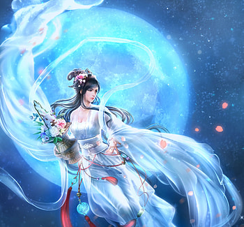 Fantasy girl, moon, blue, night, frumusete, fantasy, luna, girl HD wallpaper