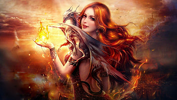 Girl and dragon, superb, frumusete, fantasy, yellow, dragon, gorgeous, redhead, girl, sorceress HD wallpaper