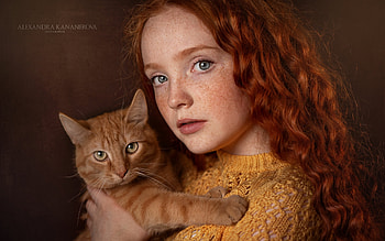 Girl with Cat, girl, redhead, cat, child HD wallpaper