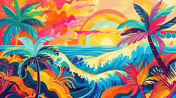 Summer Sunset Ocean Wave, summer, summer aesthetic, palm tree, wave HD wallpaper