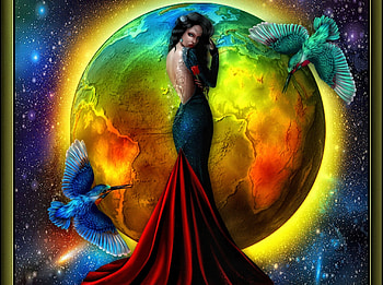 THE HUMMINGBIRD QUEEN, SKY, HUMMINGBIRDS, DRESS, COLORFUL, EARTH, STARS, QUEEN, FEMALE HD wallpaper