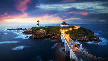 Pancha Island, Galicia, Spain, sky, house, sea, clouds, bridge, sunset HD wallpaper