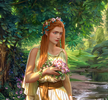 Forest girl, green, flower, girl, luminos, 1999art, 1999, tedhead, pink, fantasy, redhead, forest HD wallpaper
