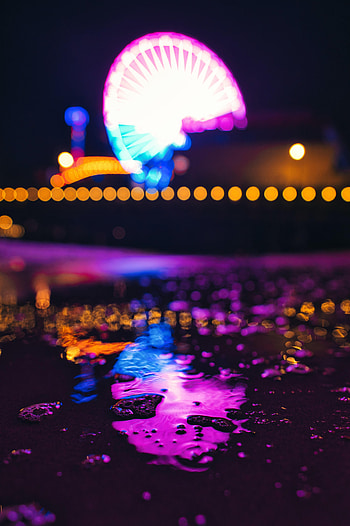 Lights, Reflection, Dark, Blur, Smooth, Neon, Ferris Wheel, Puddle HD phone wallpaper