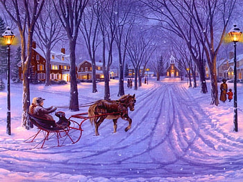 Warmth of winter, winter, town, peaceful, houses, dusk, warmth, painting, snow, trees, ride, frost, art, afternoon, beautiful, christmas, lights, village HD wallpaper