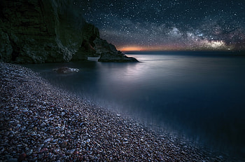 Milky Way over the Sea, Stars, Moonlight, Sea, Nature, Oceans, Beaches, Sky, Milky Way HD wallpaper