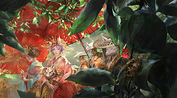 Summer festivities, parasol, girl, queen, vara, kimono, frumusete, amber ay, gorgeous, orange, summer, superb, fantasy, green HD wallpaper