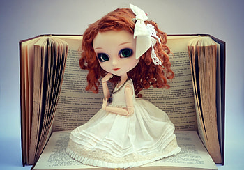 Doll, toy, white, book, cute, redhead, girl HD wallpaper