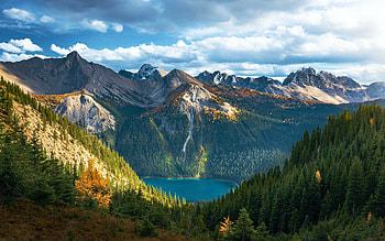 Banff National Park, rockies, Canada, peaks, clouds, landscape, Alberta, sky, lake, trees HD wallpaper