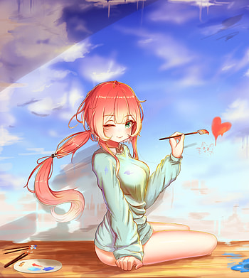 Anime girl, drawing with brush, redhead, art HD phone wallpaper