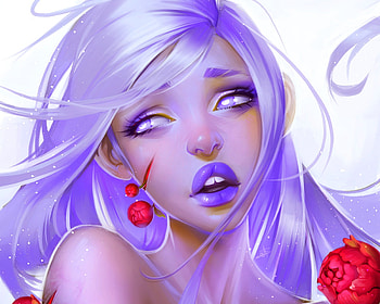 The red peonies, art, ayyasap, girl, woman, purple, fantasy, flower, face, luminos, red peonies HD wallpaper