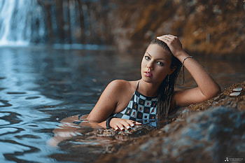 Unknown Model, babe, lady, model, waterfall, water, woman HD wallpaper