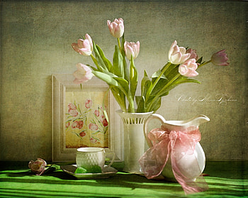 still life, bouquet, tulip, gentle, graphy, tulips, beauty, nice, painting, flower, glass, , art, ribbon, elegantly, vase, beautiful, jug, pink, pretty, green, cool, flowers, lovely, harmony HD wallpaper