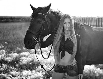 Together , horse, graphy, black and white, girl, together HD wallpaper