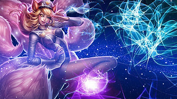 Ahri, blue, art, girl, woman, pink, fantasy, magical, ball, league of legends, game HD wallpaper