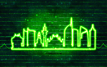 Milan green neon silhouette, , green neon lights, Milan skyline silhouette, green brickwall, italian cities, neon skyline silhouettes, Italy, Milan silhouette, Milan HD wallpaper