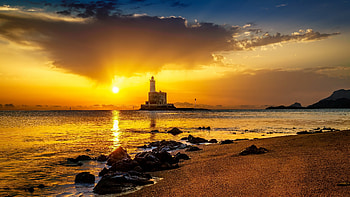 Lighthouse, ocean, sunset, sunrise HD wallpaper