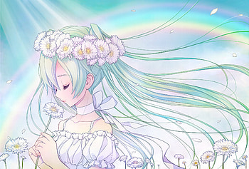 Hatsune Miku, glow, awesome, artistic, nice, digital, cg, petals, flower, hatsune, aqua eyes, white, art, twintail, girl, singer, aqua, anime girl, anime, pretty, light, virtual, song, sunlight, wedding dress, cute, vocaloid, dress, beauty, miku, music, vocaloids, sun, program, beautiful, diva, white dress, wedding, rainbow, aqua hair, cool, idol HD wallpaper