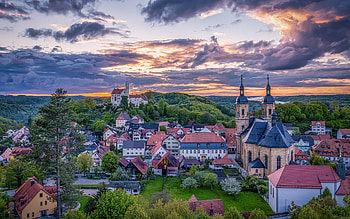 GossWeinstein, cathedral, evening, sunset, german town, GossWeinstein panorama, GossWeinstein cityscape, Bavaria, Germany HD wallpaper