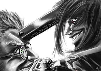 Alucard vs Anderson, vampire, demon, dracula, alucard, darkness, anderson, vampire hunter, anime, hellsing, gun HD wallpaper