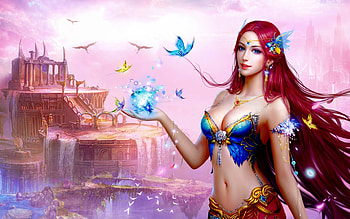 Fantasy Girl, Lake, Girl, Castle, Birds HD wallpaper