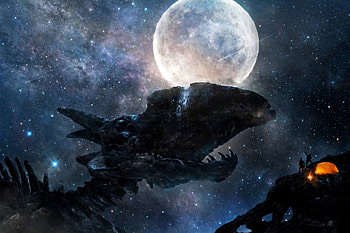 Ages Past, magic, moon, fantasy, dragon, stars, dark HD wallpaper