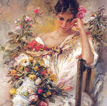 Jose Royo - Melancolia, melancolia, art, paintih, vase, flowers, jose royo, girl, woman HD wallpaper