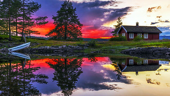 Ringerike, Norway, house, trees, colors, clouds, landscape, sky, sunset, lake HD wallpaper