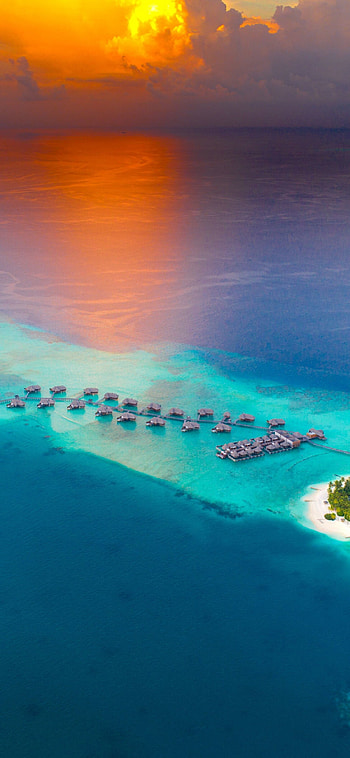Island, Sunset aerial view, Tropical resort, Tranquil atmosphere HD phone wallpaper