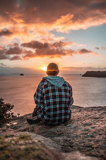Sunset, Sea, Horizon, Miscellanea, Miscellaneous, Cliff, Human, Person HD phone wallpaper