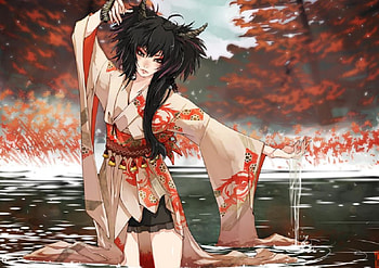 Lake Devil, orginal, kimono, art, devil, horn, girl, oriental, lake HD wallpaper