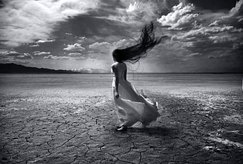 Times like these, graphy, miss you, alone, girl, black hair, lonely, ground, sadness, white dress, black and white, clouds, desert, sky, hair HD wallpaper
