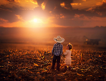 Sunset, Grass, Sky, Children, Miscellanea, Miscellaneous HD wallpaper