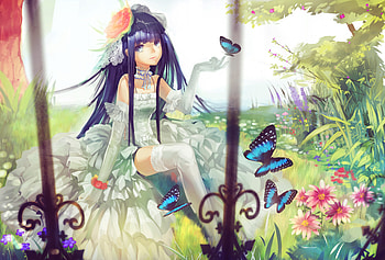 Girl, summer, anime, butterfly, flower, garden, manga HD wallpaper