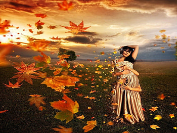 MANY HANDS OF AUTUMN, field, autumn, hands, leaf, grass, female, tree HD wallpaper