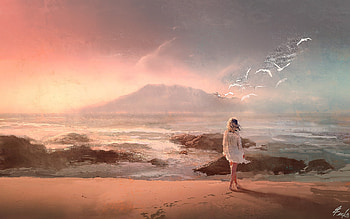 Alone, girl, joseph feely, water, sunset, beach, sea, bird, wind, summer, fantasy, vara HD wallpaper