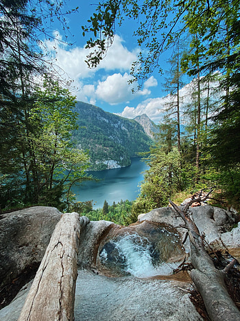 Nature, Trees, Rock, Lake, Waterfall, Break, Precipice HD phone wallpaper
