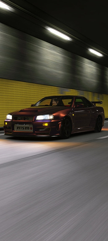 Nissan Skyline R34 GTR, automotive lighting, skyline gtr, car, assetto corsa, mbd_design, shuto expressway, tunnel, midnight purple HD phone wallpaper