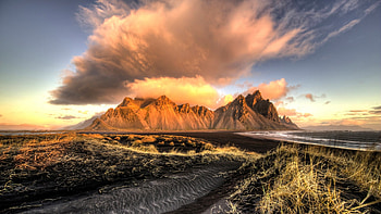 Vestrahorn Mountain, Stokksnes, Iceland, sky, rocks, coast, landscape, clouds, sunset HD wallpaper