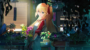 Anime Flowers Blonde Twintails Girl, anime-girl, anime, flowers, artist, artwork, digital-art HD wallpaper