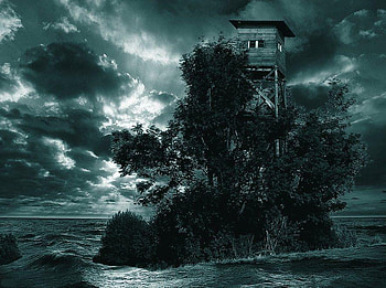 tower_of_melancholy, 3d, house, clouds, sky, dark, tree, beach HD wallpaper
