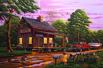 Life in the Back Woods, artwork, children, car, trees, flowers, sky, cabin, sunset, painting HD wallpaper