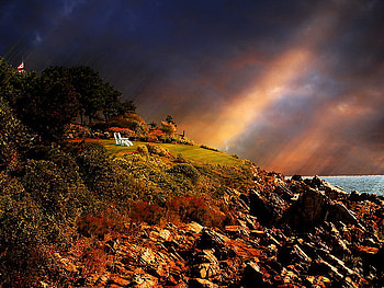 Sunlight from the clouds, sunlight, slope, house, lonely, sun stream, mountain, clouds, nature, sky, sunset HD wallpaper