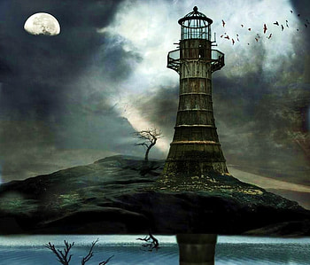 Dark guardian, night, lighthouse, birds, moon island, desolate, dark HD wallpaper