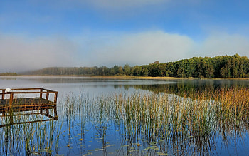 Lake in Latvia, pier, Latvia, reeds, lake HD wallpaper