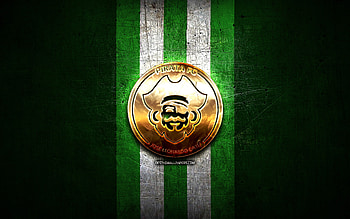 Pirata FC, golden logo, Liga 1 Apertura, green metal background, football, peruvian football club, Pirata FC logo, soccer, FC Pirata HD wallpaper