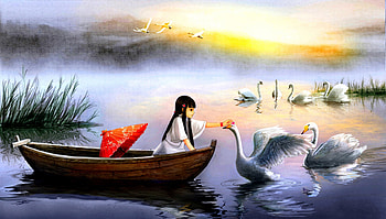 CUTE VISIT, umbrella, boat, swans, cute, girl, lake, illustration art HD wallpaper