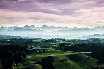 Landscape, Nature, Trees, Mountains, Building, Fog, Hills HD wallpaper