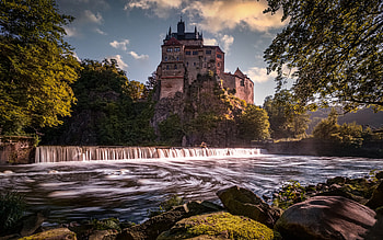 Kriebstein Castle, Zschopau River, evening, sunset, German castles, ancient castle, Saxony, Germany, Zschopau HD wallpaper