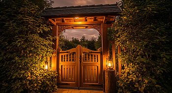 Enchanted Garden Gate at Twilight, gate, lantern, evening HD wallpaper